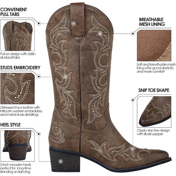 SheSole Western Boots Women Dark Brown Faux Leather Square Toe Wide Mid Calf - Picture 3 of 9